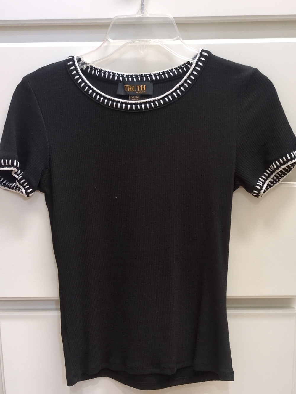 Truth Black Ribbed Short Sleeve Top with White Stitch Trim, XS, NWOT